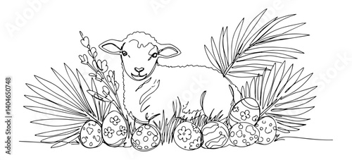 lamb with cross and easter elements minimalist one-line drawing