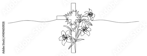 cross with blooming lilies minimalist linework art