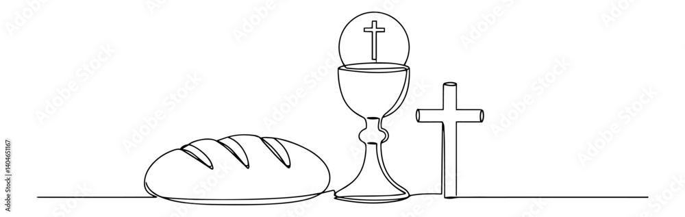chalice and bread with host and cross minimalist line art illustration