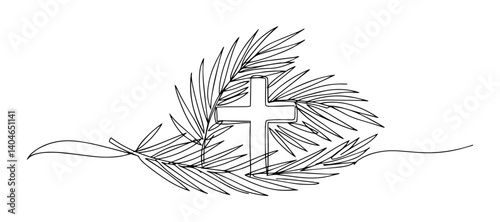 cross on palm leaves background minimalist lineart composition with a modern touch