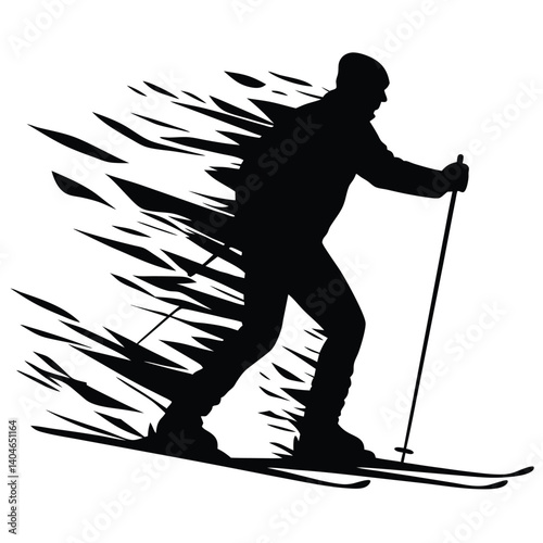 Silhouette Skier In Motion Blur With Poles On White Background,