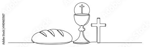 chalice and bread with host and cross minimalist line art illustration