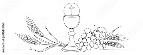 chalice with wheat and grapes minimalist hand-drawn line art, abstract black contour sketch