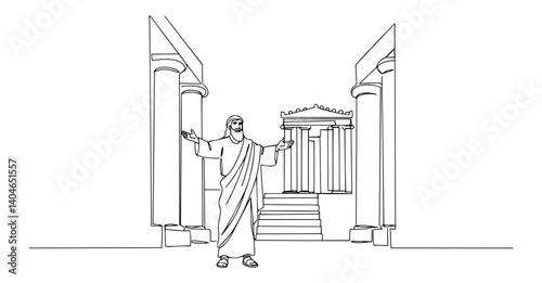 jesus cleansing the temple minimalist continuous line art illustration in black on white background