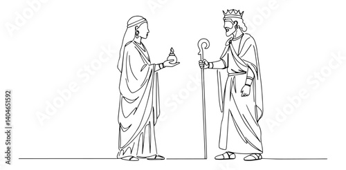 magi presenting gifts to mary minimalist continuous line art illustration in black on white background