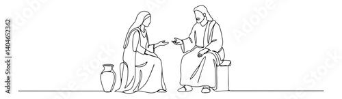 woman talking to jesus at the well intricate monoline composition blending geometric precision with fluid organic strokes
