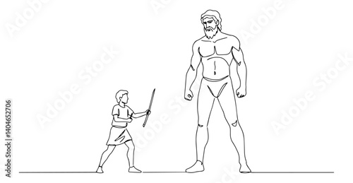 david facing goliath fluid one-line vector graphic