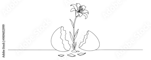 cracked egg with blooming lily elegant monoline illustration