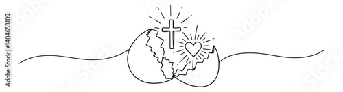 cracked egg with cross and glowing heart inside elegant geometric line composition