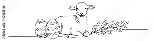 lamb with decorated easter eggs elegant continuous line art created with refined minimalist vector techniques