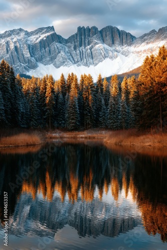 Mountain reflections on a tranquil lake in autumn