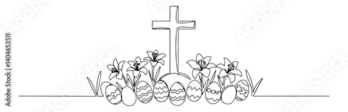 cross with flowers and eggs continuous-line aesthetic fused with stark black-and-white minimalism for visual impact