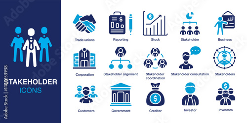 Stakeholder icon set. Containing alignment, coordination, investor, trade unions, government, customer and more. Solid vector icons collection. Vector illustration.