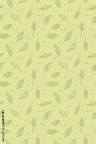 Vertical seamless vector pattern of hand-drawn cardamom pods and seeds in soft light green colors. Perfect for tea, cosmetic packaging, textiles, and organic branding.