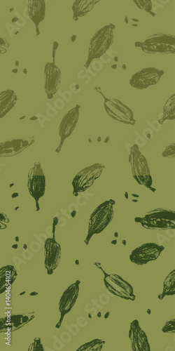 Vertical seamless vector pattern featuring hand-drawn cardamom pods and seeds in rich green shades. Perfect for tea, cosmetics, textiles, organic packaging, and culinary design.
