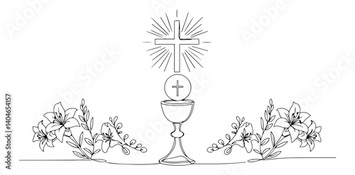 chalice with eucharist and floral decoration clean and precise monoline drawing technique showcased on a contrasting white backdrop