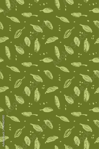 Vertical seamless vector pattern featuring hand-drawn cardamom pods and seeds in rich green shades. Perfect for tea, cosmetics, textiles, organic packaging, and culinary design.