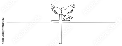 cross with dove above and rays black-and-white continuous line art with precision