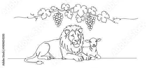 lion and lamb under grapevine black contour line drawing, minimalist aesthetic, vector on white