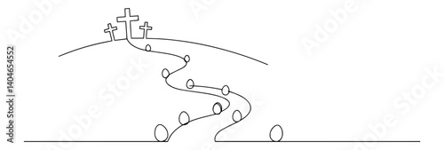 winding road with crosses on hill black and white monoline design
