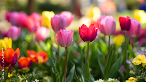 Field of colorful tulips in bloom, spring flower garden, natural beauty