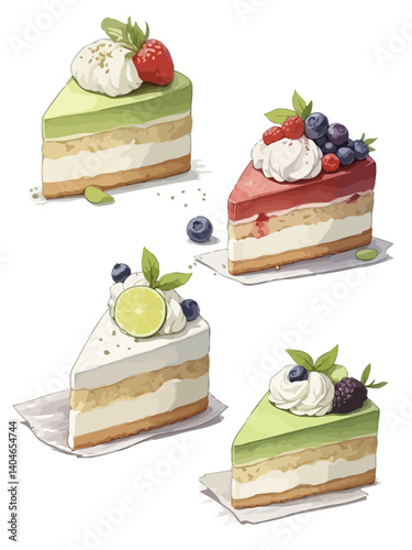 Slice of Cake Vector Design on White Background, hand drawn watercolor painting of cake slice Watercolor set of different sweet cakes. Hand-drawn illustration.