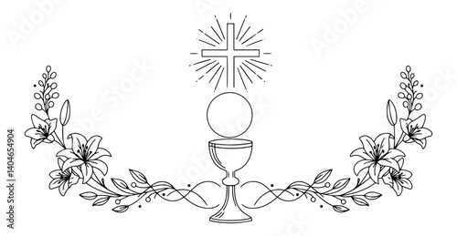 chalice with eucharist and floral garland abstract line art vector illustration in minimalist geometric fashion