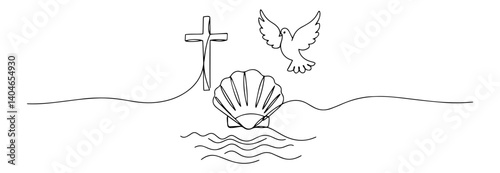cross and dove above water with seashell abstract line art vector