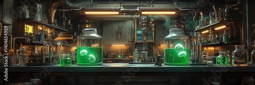 A chilling mad scientist’s lab with floating brains in jars, glowing green liquid, and twisted steampunk experiments. Highly detailed, cinematic horror setting perfect for dark sci-fi projects.