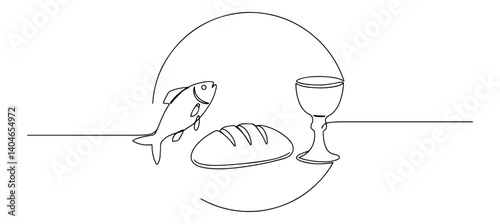 bread fish and wine for eucharist abstract line art