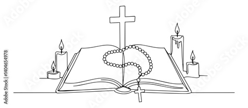 open bible with rosary and candles abstract illustration, one continuous line, clean vector look