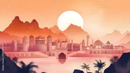 Rajasthan day illustration with rajasthan landscape at sunset.