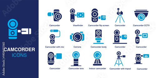 Camcorder icon set. Containing video camera, lens, CCTV, camcorder with mic, tripod, and more. Solid vector icons collection. Vector illustration.