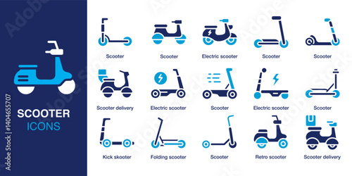 Scooter icon set. Containing electric scooter, delivery scooter, kick scooter, retro scooter, folding scooter, and more. Solid vector icons collection. Vector illustration.