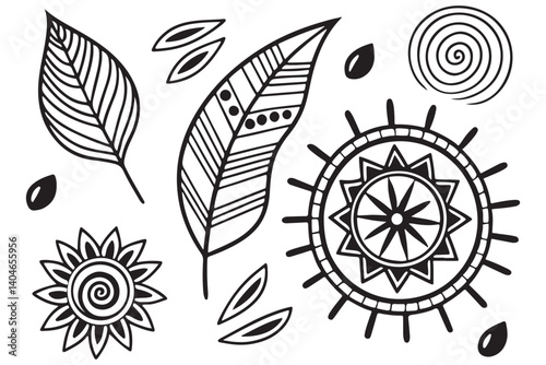 Discover unique tribal and abstract line art perfect for tattoos, design inspiration, and digital art projects. This black and white vector-style illustration includes leaves, spirals, eyes, and geome