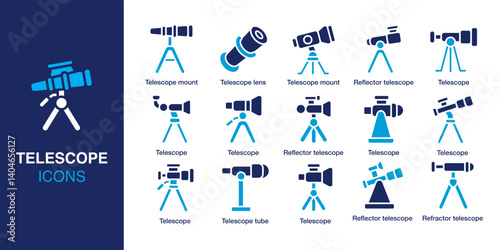 Telescope icon set. Containing telescope mount, reflector tube, telescope lens, tripod view, scope stand, and more. Solid vector icons collection. Vector illustration.