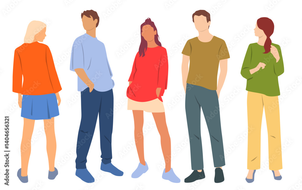  Set of young men and women , different colors, cartoon character, group of silhouettes of standing business people, students, design concept of flat icon, isolated on white background