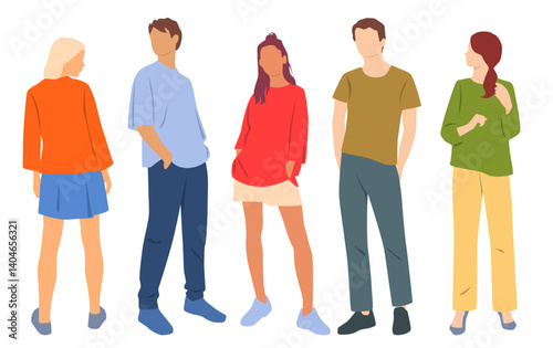 Obraz na płótnie Set of young men and women , different colors, cartoon character, group of silhouettes of standing business people, students, design concept of flat icon, isolated on white background w salonie