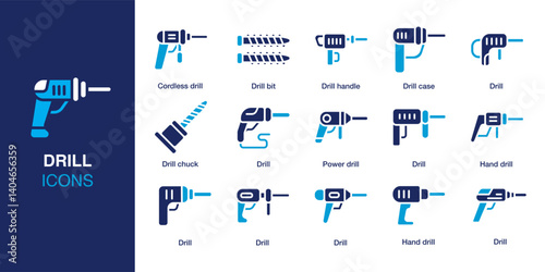 Drill icon set. Containing cordless drill, drill bit, power drill, hand drill, drill chuck, drill handle and more. Solid vector icons collection. Vector illustration.