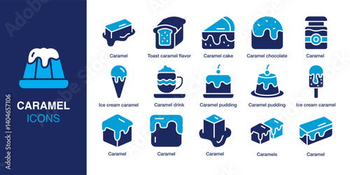 Caramel icon set. Containing caramel cake, caramel pudding, ice cream caramel, caramel drink, chocolate caramel, caramel cube and more. Solid vector icons collection. Vector illustration.