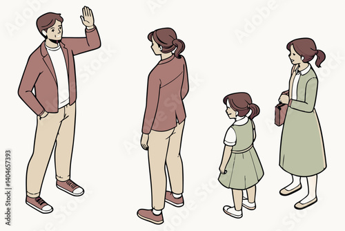 Animated Family Scene with a Father Waving and a Mother and Daughter Standing Near.
