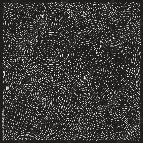 A chaotic pattern of white wavy lines on a black background, creating a swirling, abstract texture reminiscent of flowing motion.

