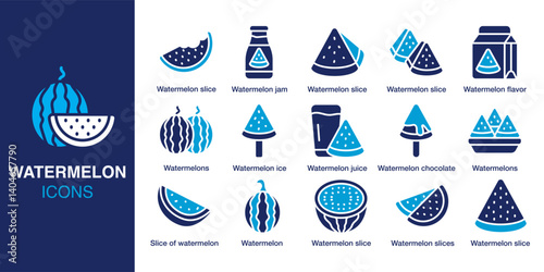 Watermelon icon set. Containing watermelon slice, watermelon jam, watermelon ice, watermelon juice, chocolate watermelon, fruit bowl and more. Solid vector icons collection. Vector illustration.