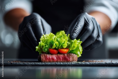 Chef plating a freshly cooked 3D-printed plant-based meat cut, grilled to perfection, indistinguishable from traditional beef steak., copy space for text - diet innovation fine