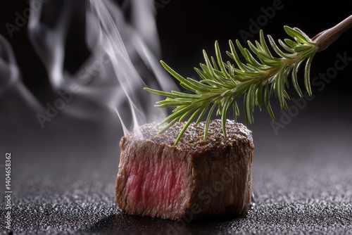 Chef plating a freshly cooked 3D-printed plant-based meat cut, grilled to perfection, indistinguishable from traditional beef steak., copy space for text - realistic tasty plant