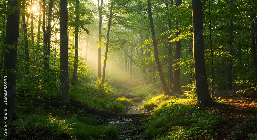 Sunlit Forest Scene with Stream and Lush Greenery during Morning in Nature Sunlit Forest Scene with Stream and Lush Greenery during Morning in Nature