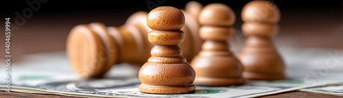 A chessboard with toppled pieces and money scattered around, symbolizing strategic financial risk.