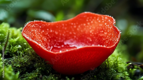 Scarlet Elf Cup Mushroom Growing on Mossy Forest Floor Macro Shot photo
