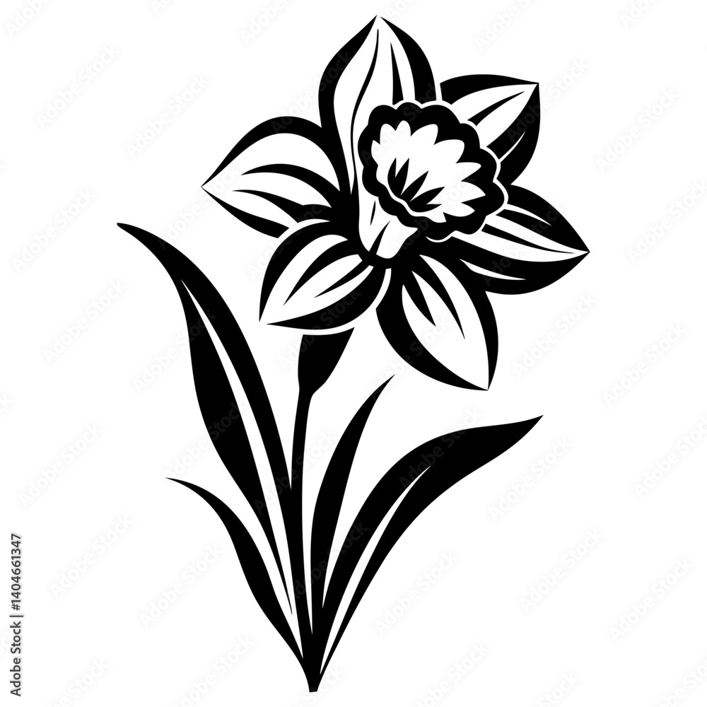 Obraz premium Black and White Stylized Daffodil Flower Illustration Botanical Spring Bloom Graphic Design Element