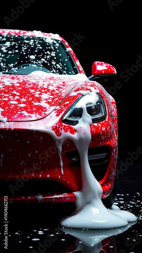 red modern car in foam on a car wash on a black background with copy space. car care banner with place for text. no people no body. vertical image.